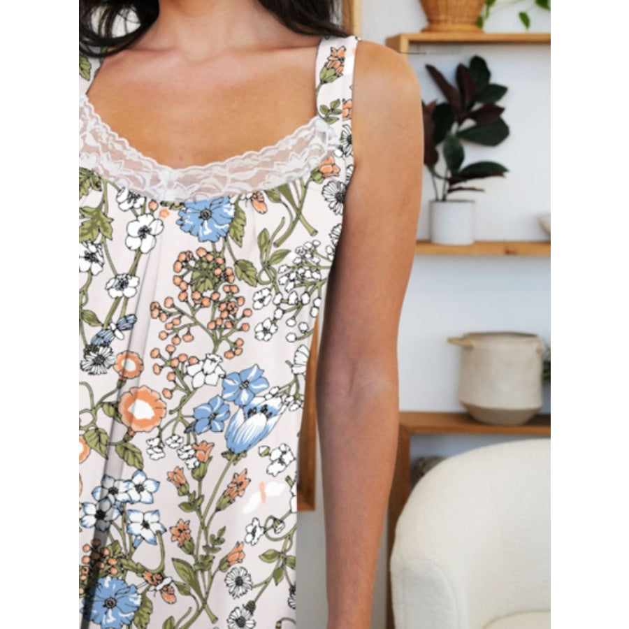 Lace Detail Printed Wide Strap Mini Dress Apparel and Accessories