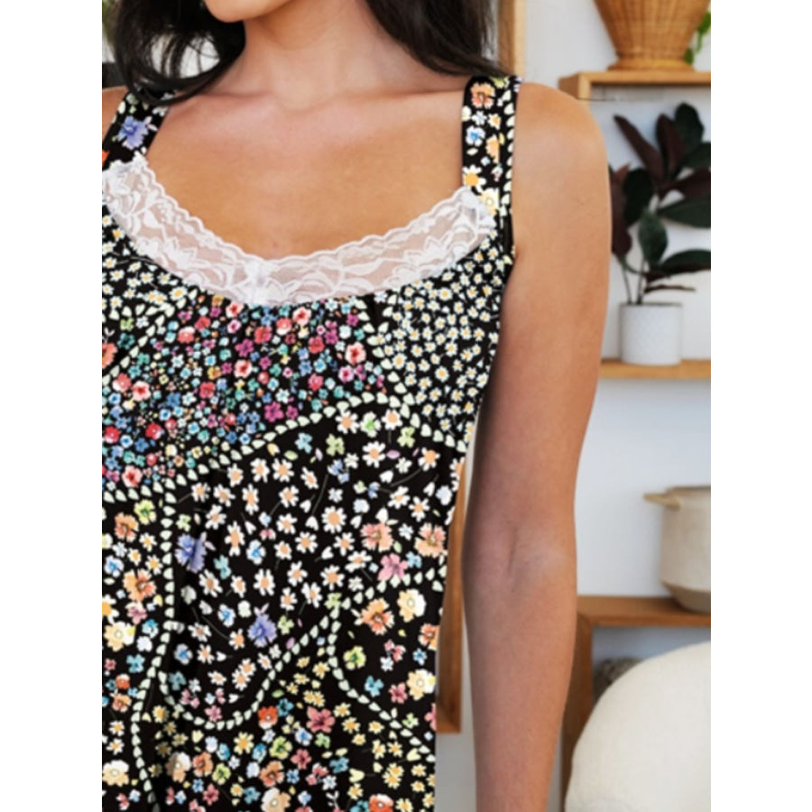 Lace Detail Printed Wide Strap Mini Dress Apparel and Accessories