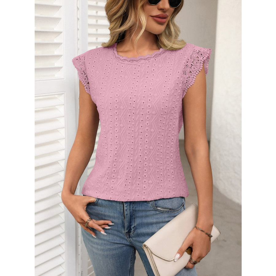 Lace Detail Round Neck Cap Sleeve Top Apparel and Accessories