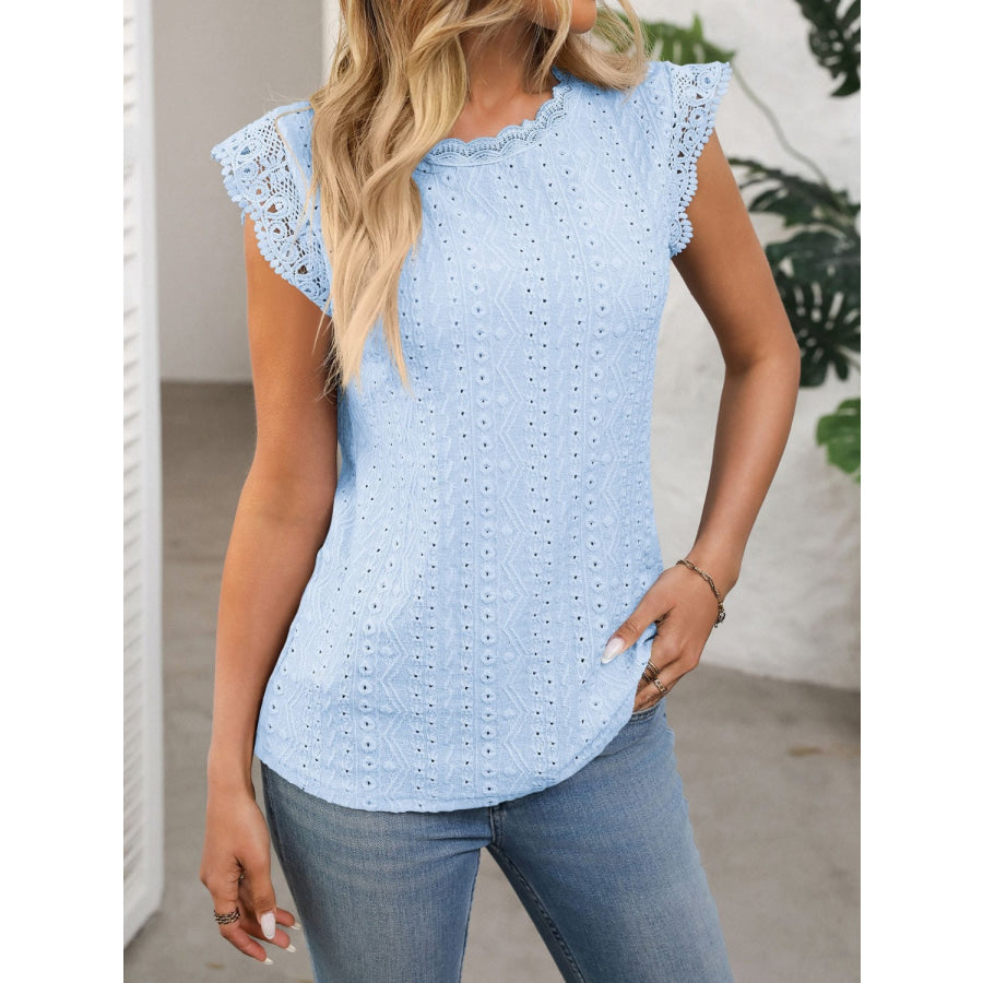 Lace Detail Round Neck Cap Sleeve Top Apparel and Accessories