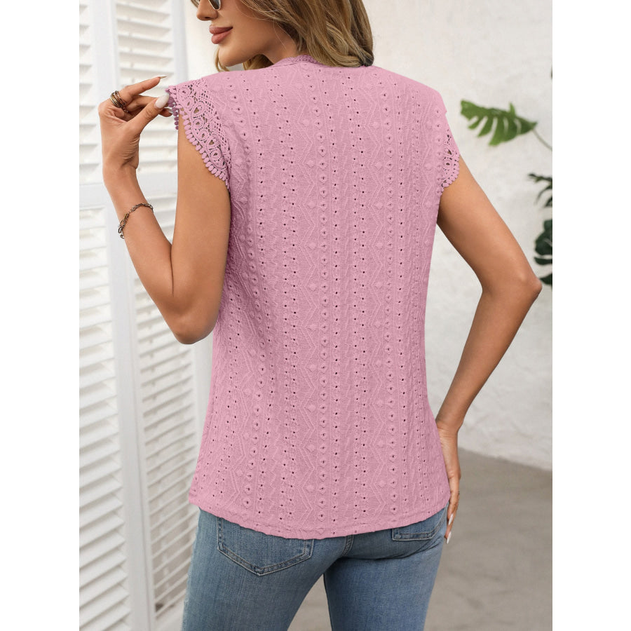 Lace Detail Round Neck Cap Sleeve Top Apparel and Accessories