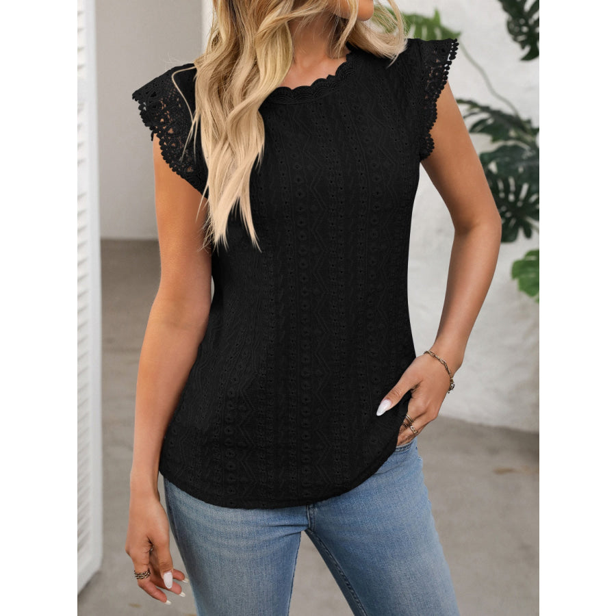 Lace Detail Round Neck Cap Sleeve Top Apparel and Accessories