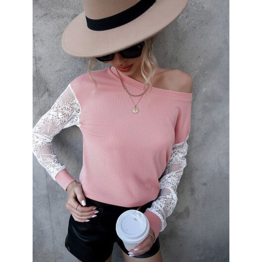 Lace Detail Round Neck Dropped Shoulder T - Shirt Apparel and Accessories