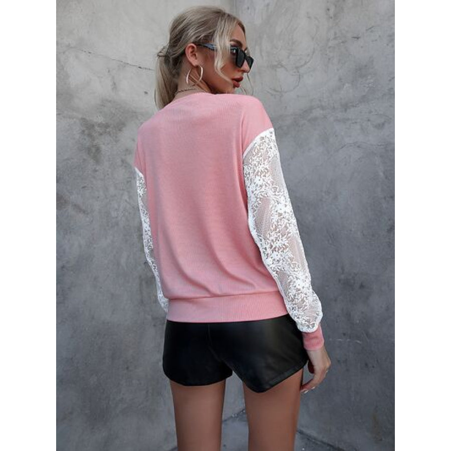 Lace Detail Round Neck Dropped Shoulder T - Shirt Apparel and Accessories