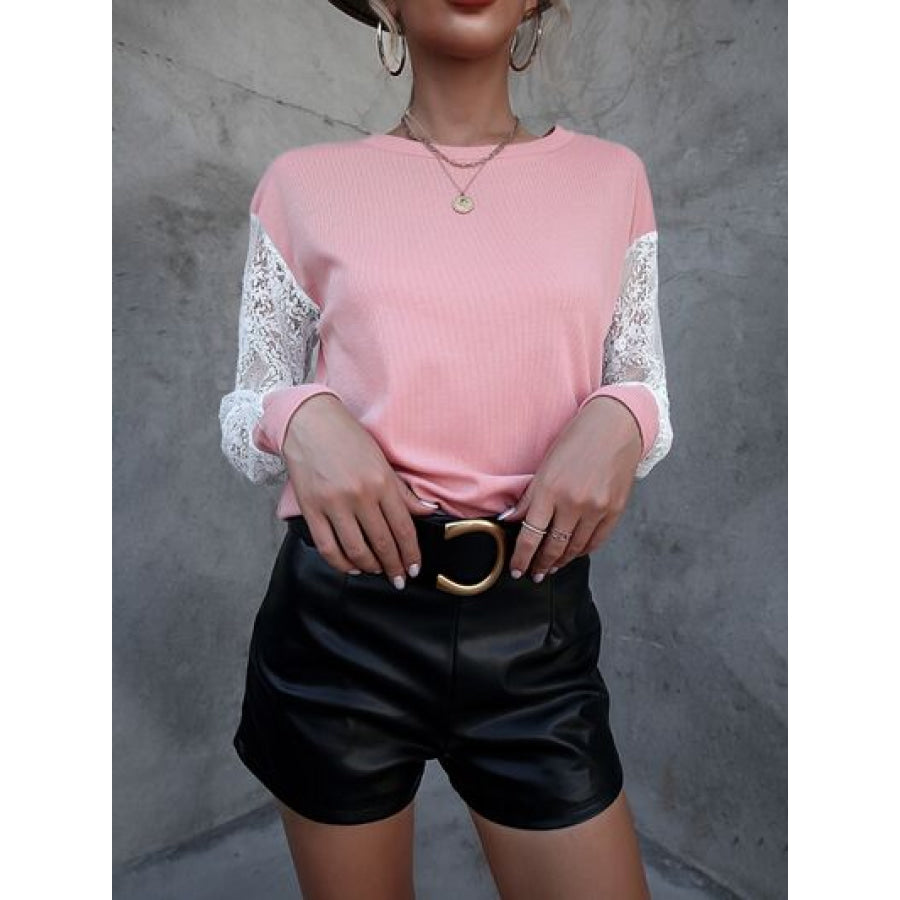 Lace Detail Round Neck Dropped Shoulder T - Shirt Blush Pink / S Apparel and Accessories