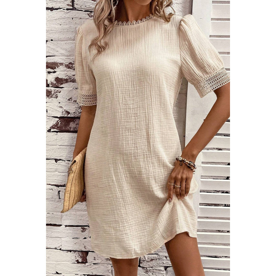 Lace Detail Round Neck Short Sleeve Mini Dress Apparel and Accessories