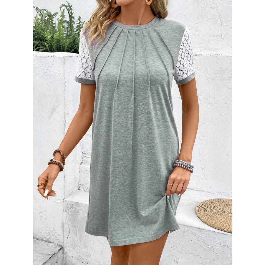 Lace Detail Round Neck Short Sleeve Mini Dress Apparel and Accessories