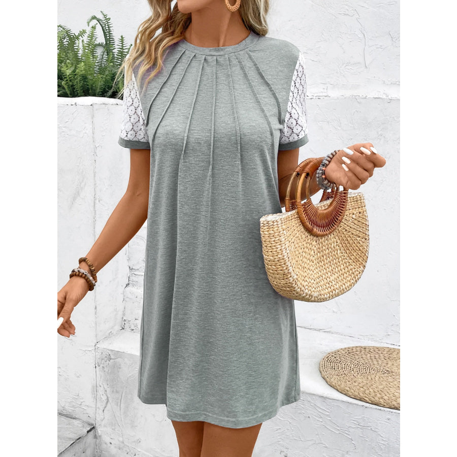 Lace Detail Round Neck Short Sleeve Mini Dress Apparel and Accessories