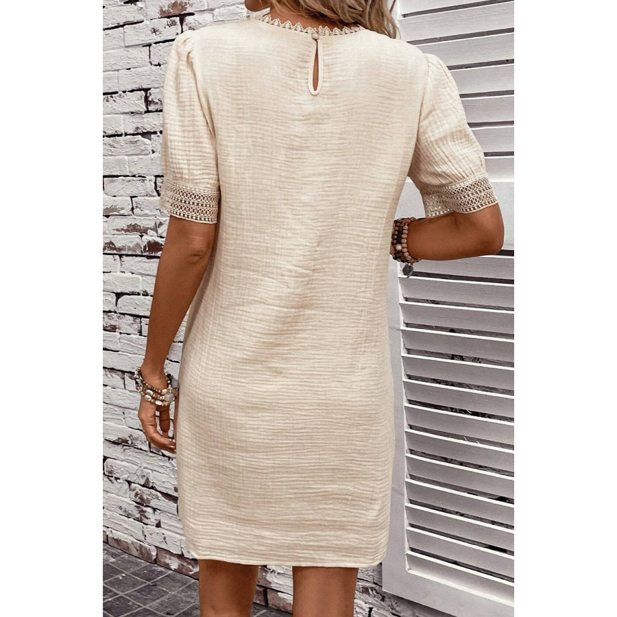 Lace Detail Round Neck Short Sleeve Mini Dress Apparel and Accessories
