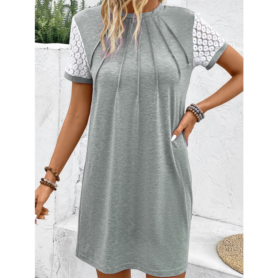 Lace Detail Round Neck Short Sleeve Mini Dress Apparel and Accessories