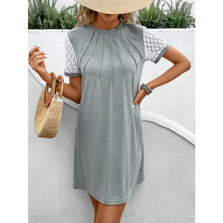 Lace Detail Round Neck Short Sleeve Mini Dress Gray / S Apparel and Accessories