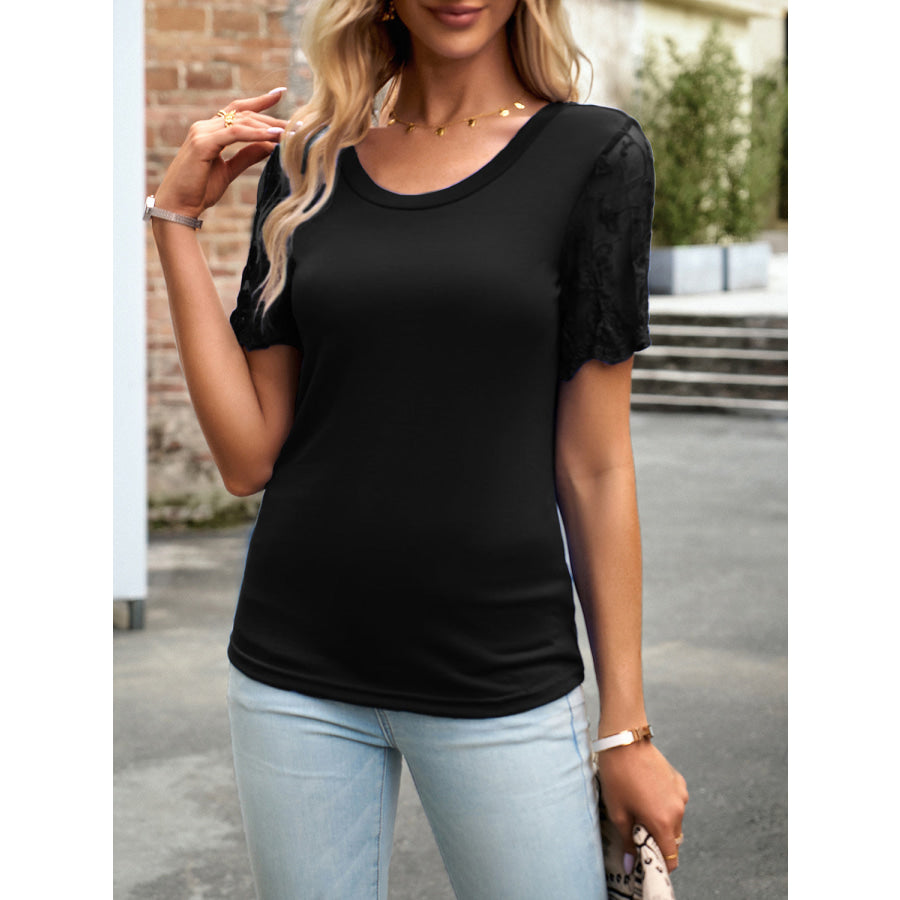 Lace Detail Round Neck Short Sleeve T-Shirt Apparel and Accessories