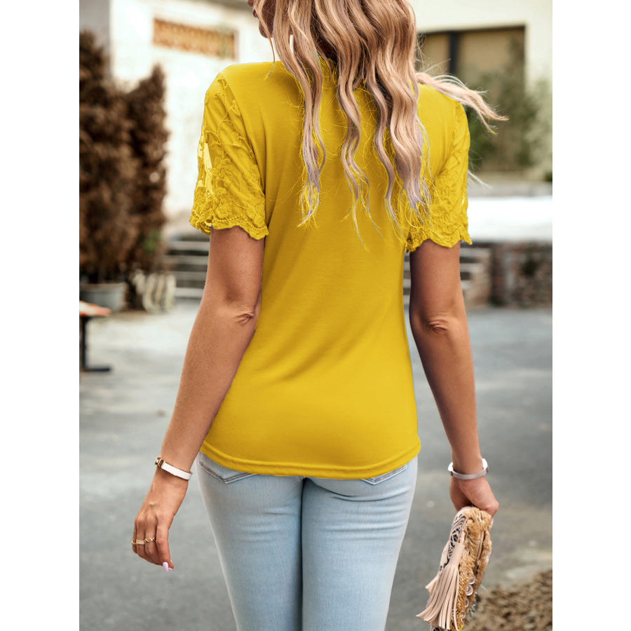 Lace Detail Round Neck Short Sleeve T-Shirt Apparel and Accessories