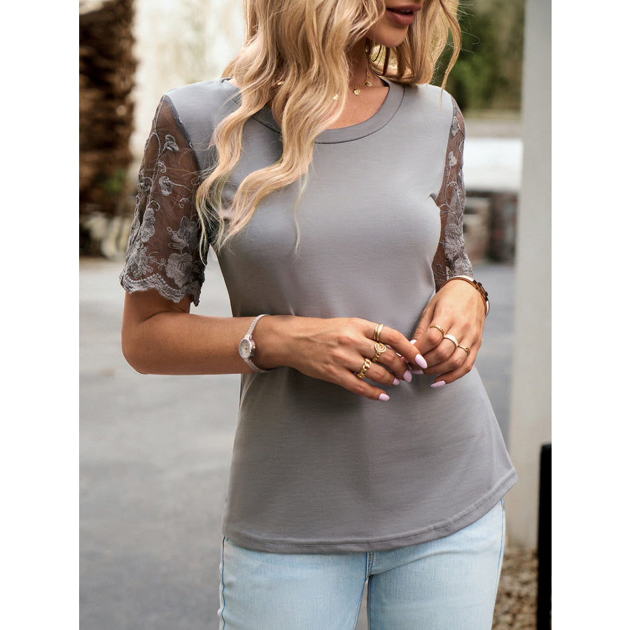 Lace Detail Round Neck Short Sleeve T-Shirt Apparel and Accessories