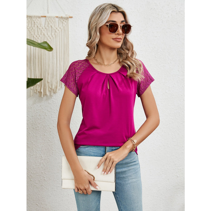 Lace Detail Round Neck Short Sleeve T - Shirt Apparel and Accessories