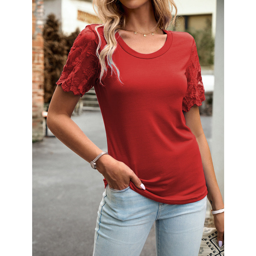 Lace Detail Round Neck Short Sleeve T-Shirt Apparel and Accessories