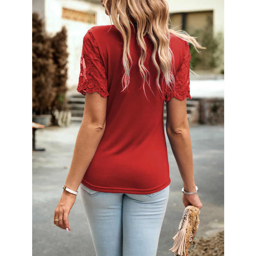 Lace Detail Round Neck Short Sleeve T-Shirt Apparel and Accessories