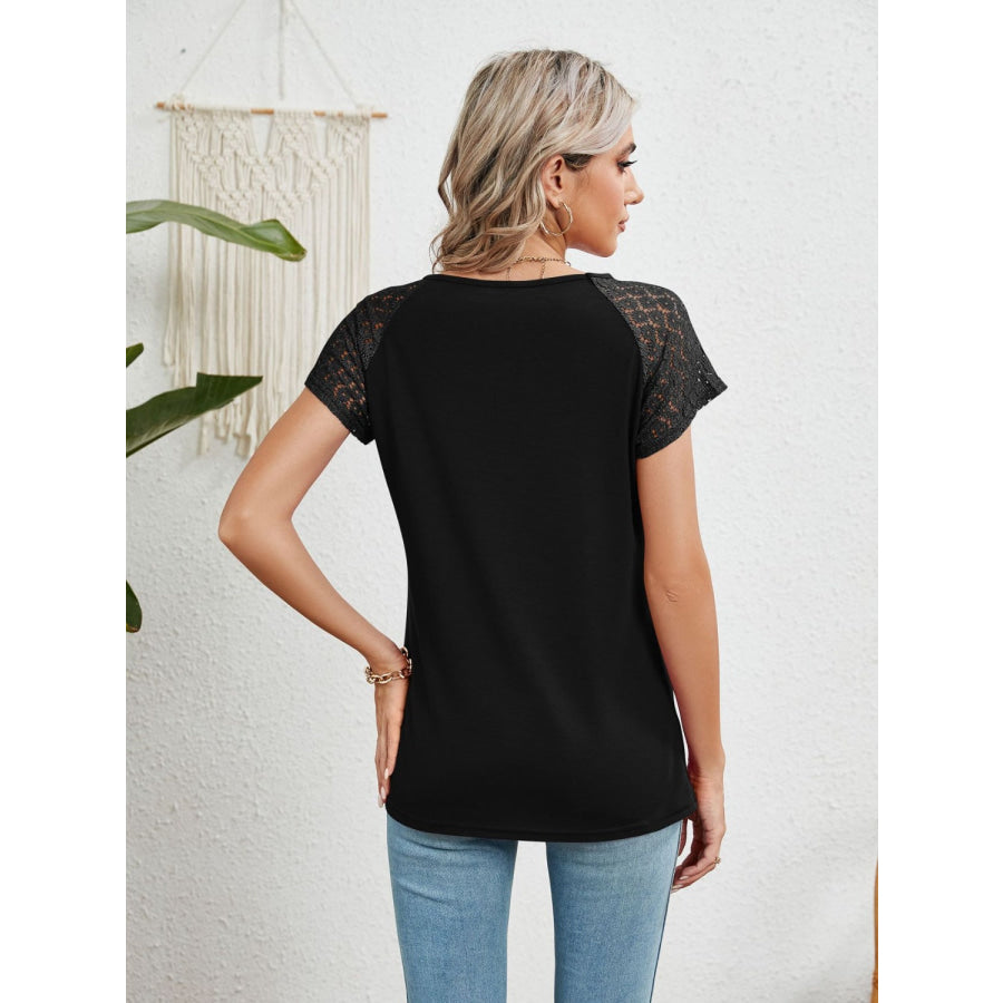 Lace Detail Round Neck Short Sleeve T - Shirt Apparel and Accessories