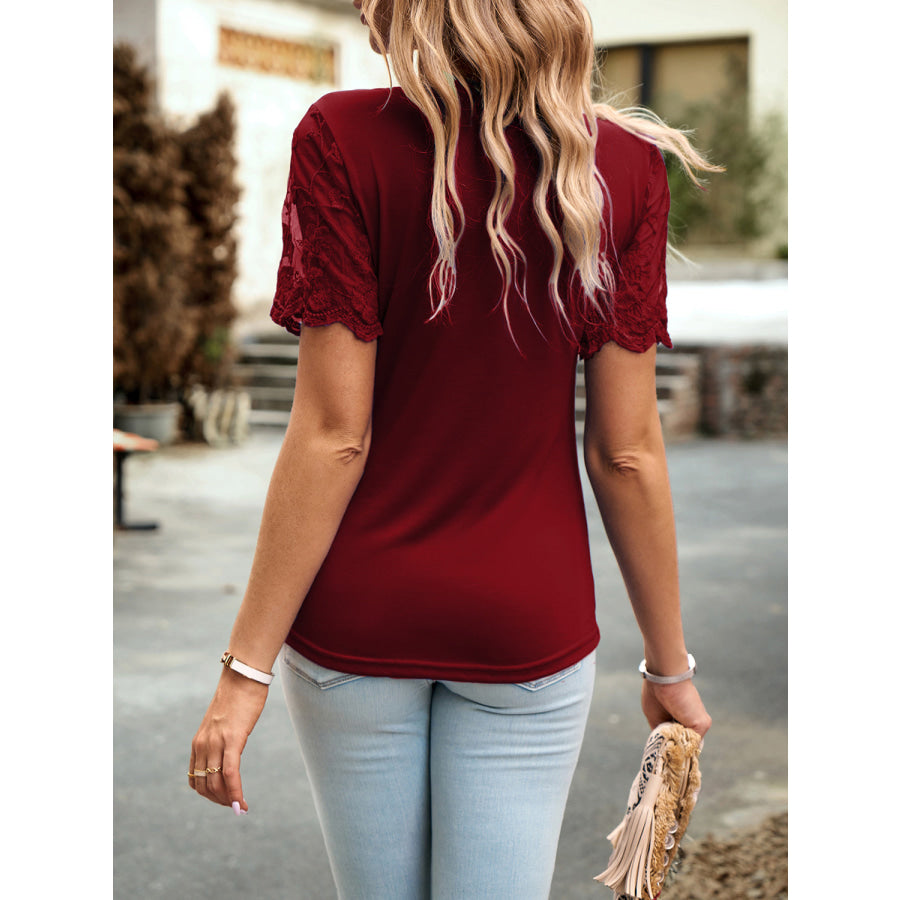 Lace Detail Round Neck Short Sleeve T-Shirt Apparel and Accessories