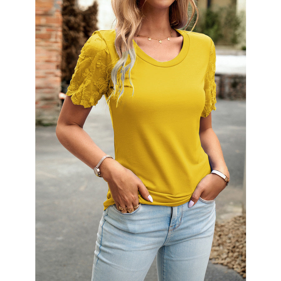 Lace Detail Round Neck Short Sleeve T-Shirt Apparel and Accessories