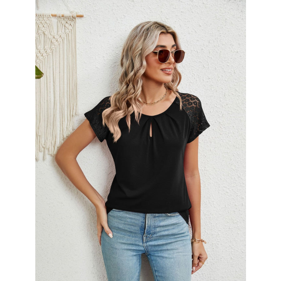 Lace Detail Round Neck Short Sleeve T - Shirt Apparel and Accessories