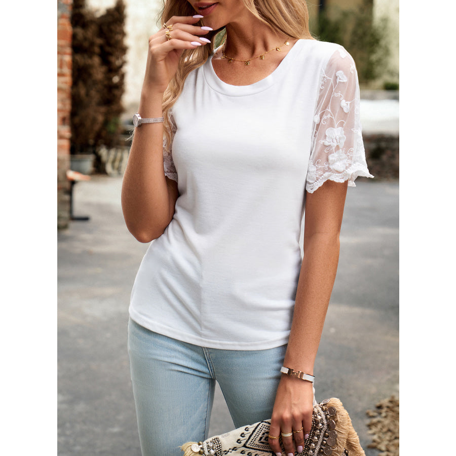 Lace Detail Round Neck Short Sleeve T-Shirt Apparel and Accessories
