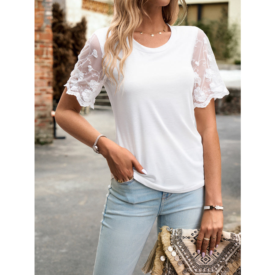 Lace Detail Round Neck Short Sleeve T-Shirt Apparel and Accessories