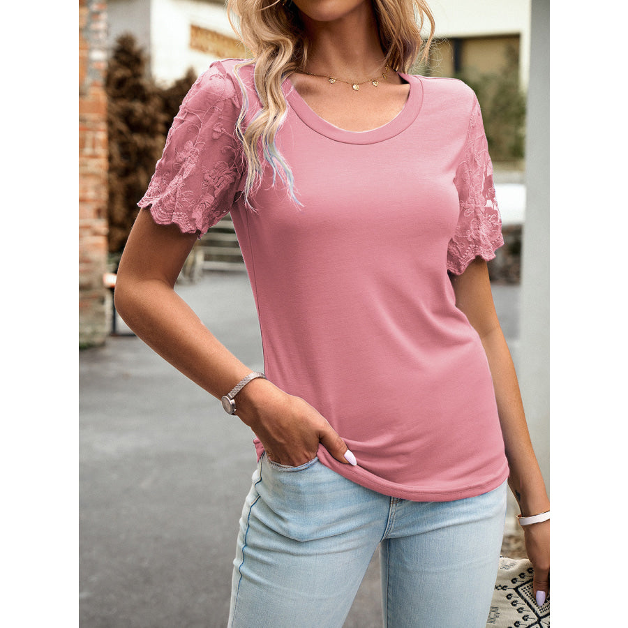 Lace Detail Round Neck Short Sleeve T-Shirt Apparel and Accessories