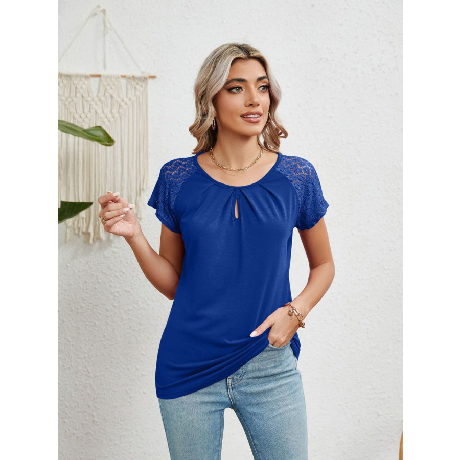 Lace Detail Round Neck Short Sleeve T - Shirt Apparel and Accessories