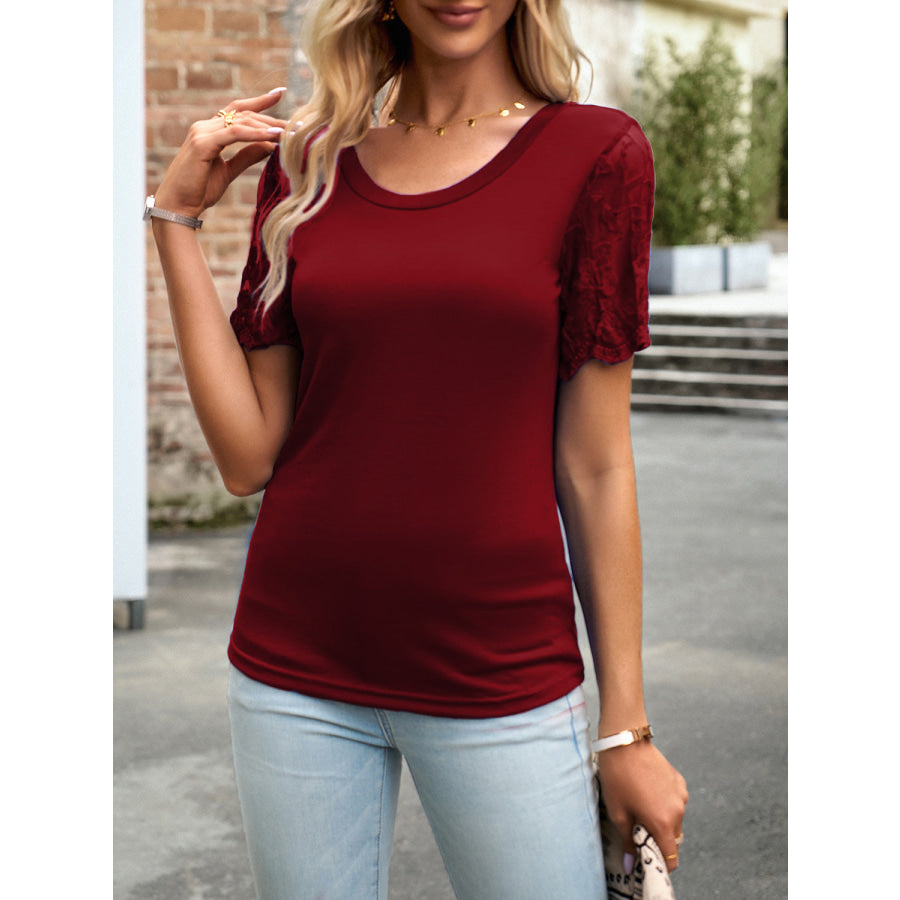 Lace Detail Round Neck Short Sleeve T-Shirt Apparel and Accessories