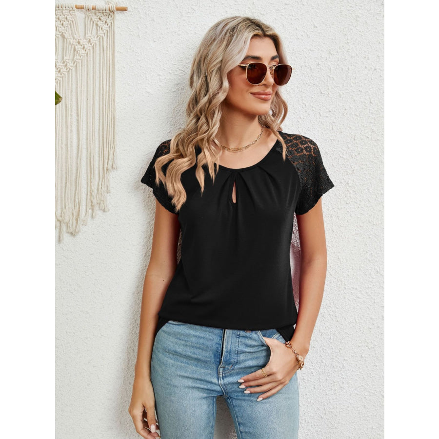 Lace Detail Round Neck Short Sleeve T - Shirt Apparel and Accessories