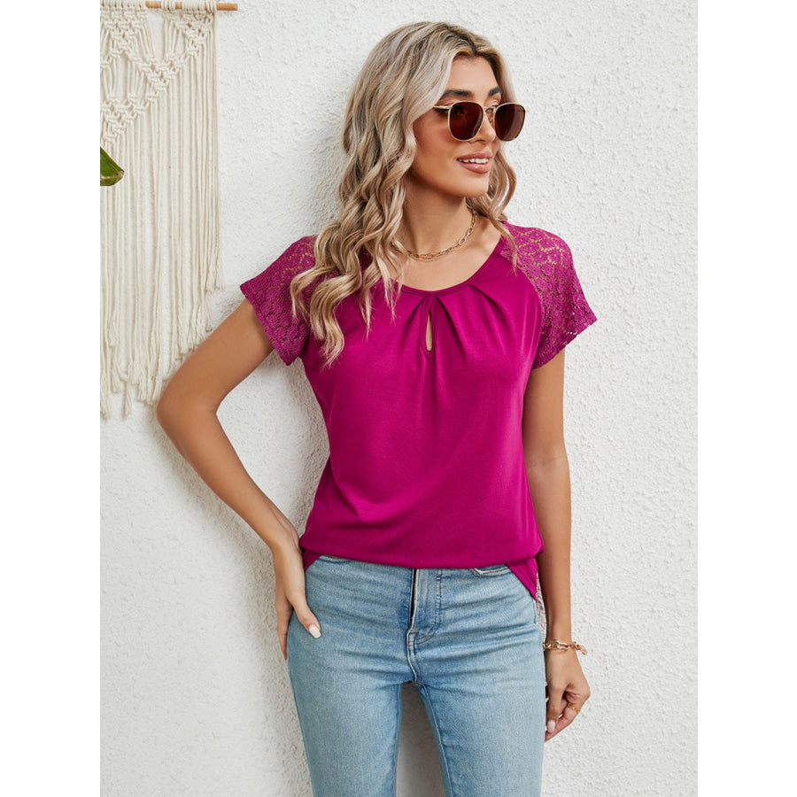 Lace Detail Round Neck Short Sleeve T - Shirt Apparel and Accessories