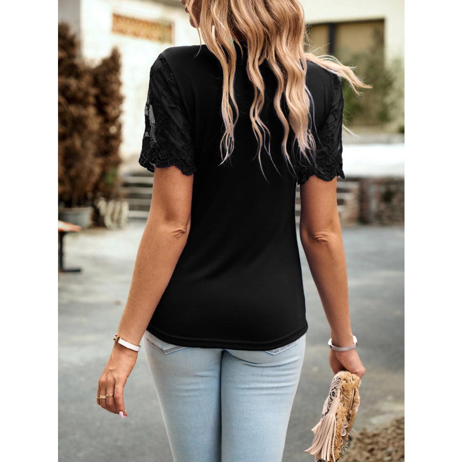 Lace Detail Round Neck Short Sleeve T-Shirt Apparel and Accessories