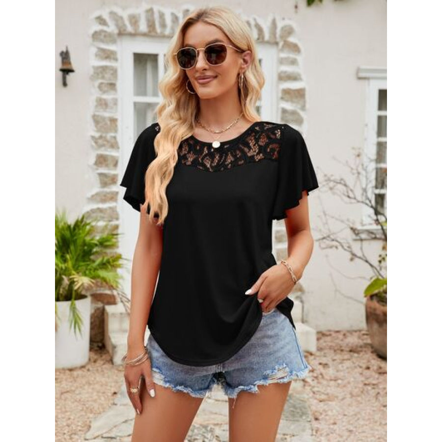 Lace Detail Round Neck Short Sleeve T - Shirt Black / S Apparel and Accessories