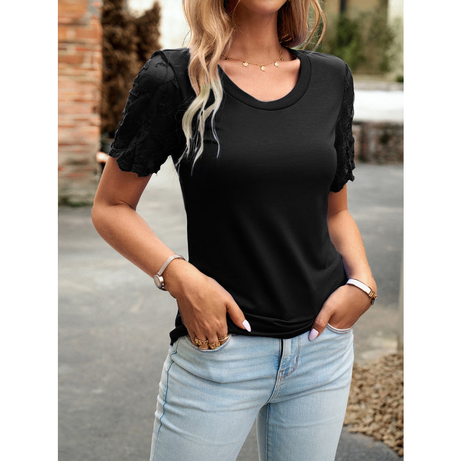 Lace Detail Round Neck Short Sleeve T-Shirt Black / S Apparel and Accessories