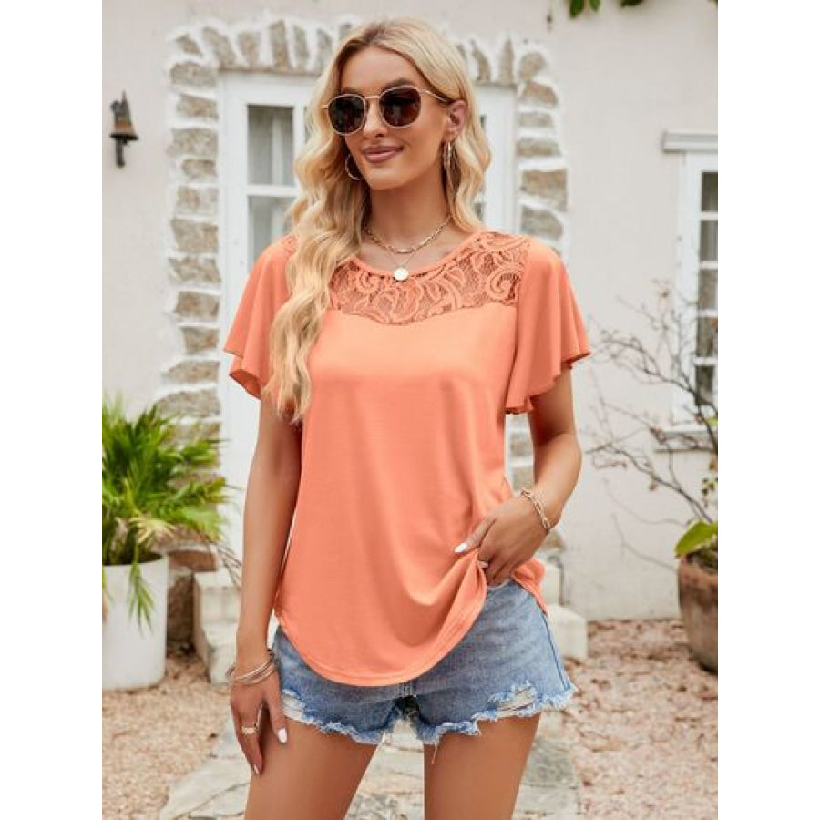 Lace Detail Round Neck Short Sleeve T - Shirt Coral / S Apparel and Accessories
