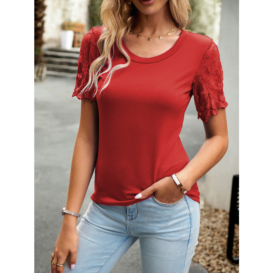 Lace Detail Round Neck Short Sleeve T-Shirt Deep Red / S Apparel and Accessories
