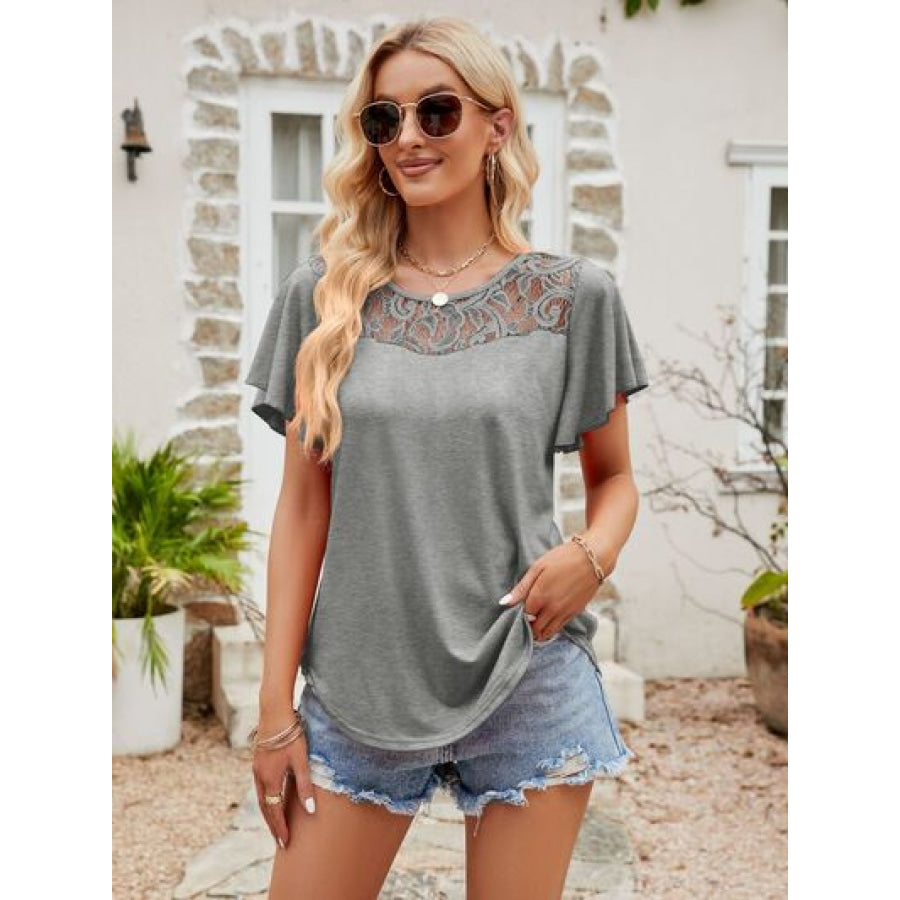 Lace Detail Round Neck Short Sleeve T - Shirt Heather Gray / S Apparel and Accessories