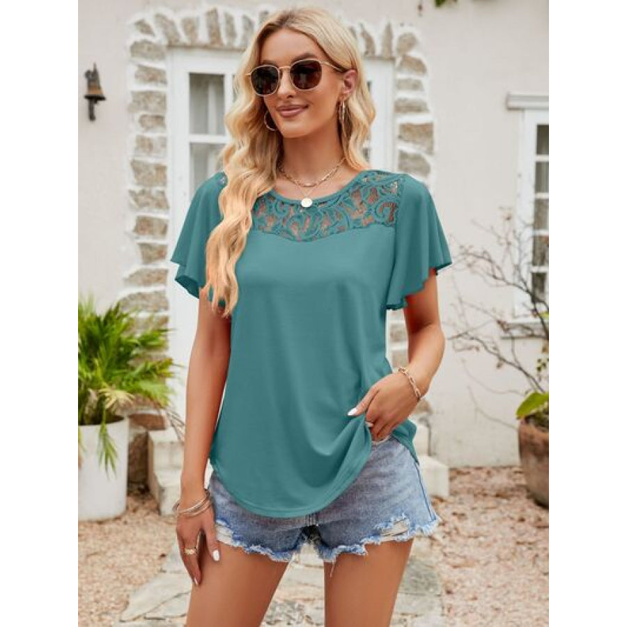 Lace Detail Round Neck Short Sleeve T - Shirt Turquoise / S Apparel and Accessories