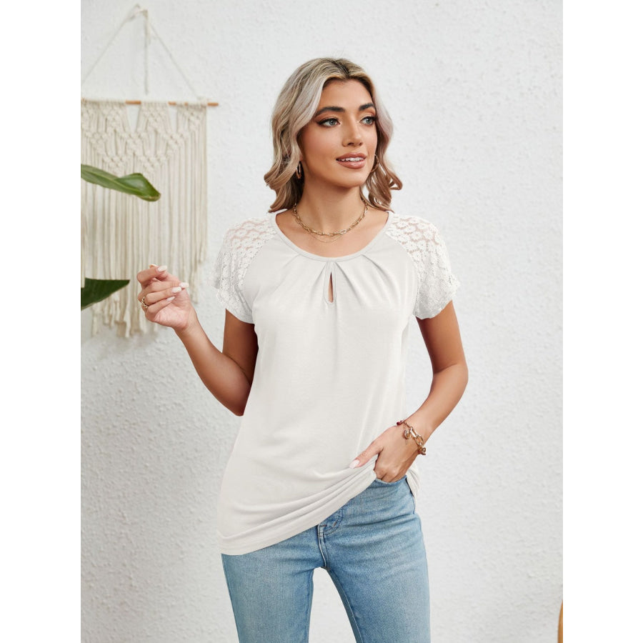 Lace Detail Round Neck Short Sleeve T - Shirt White / S Apparel and Accessories