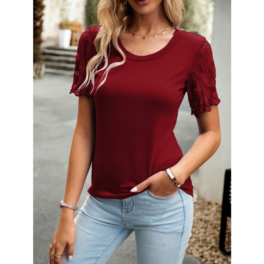 Lace Detail Round Neck Short Sleeve T-Shirt Wine / S Apparel and Accessories