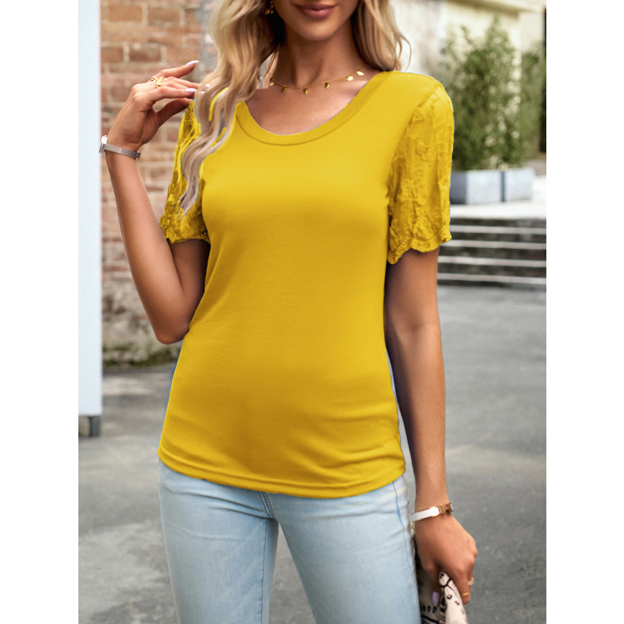 Lace Detail Round Neck Short Sleeve T-Shirt Yellow / S Apparel and Accessories