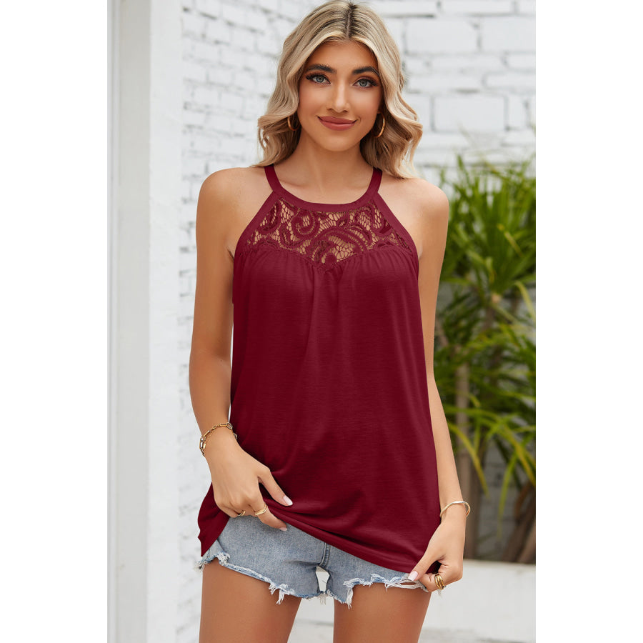 Lace Detail Round Neck Sleeveless Top Wine / S Apparel and Accessories