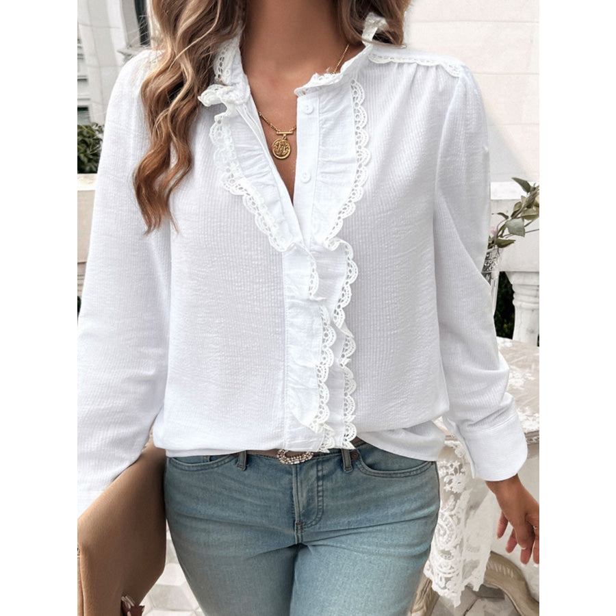 Lace Detail Ruffled Round Neck Long Sleeve Shirt Apparel and Accessories