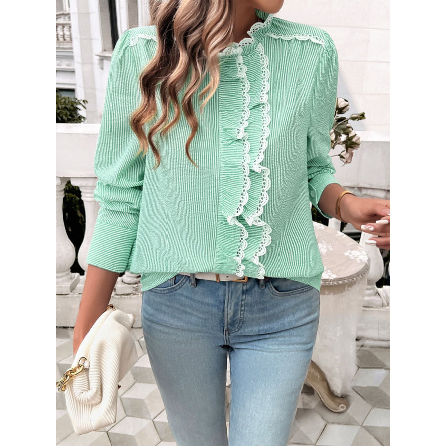 Lace Detail Ruffled Round Neck Long Sleeve Shirt Apparel and Accessories