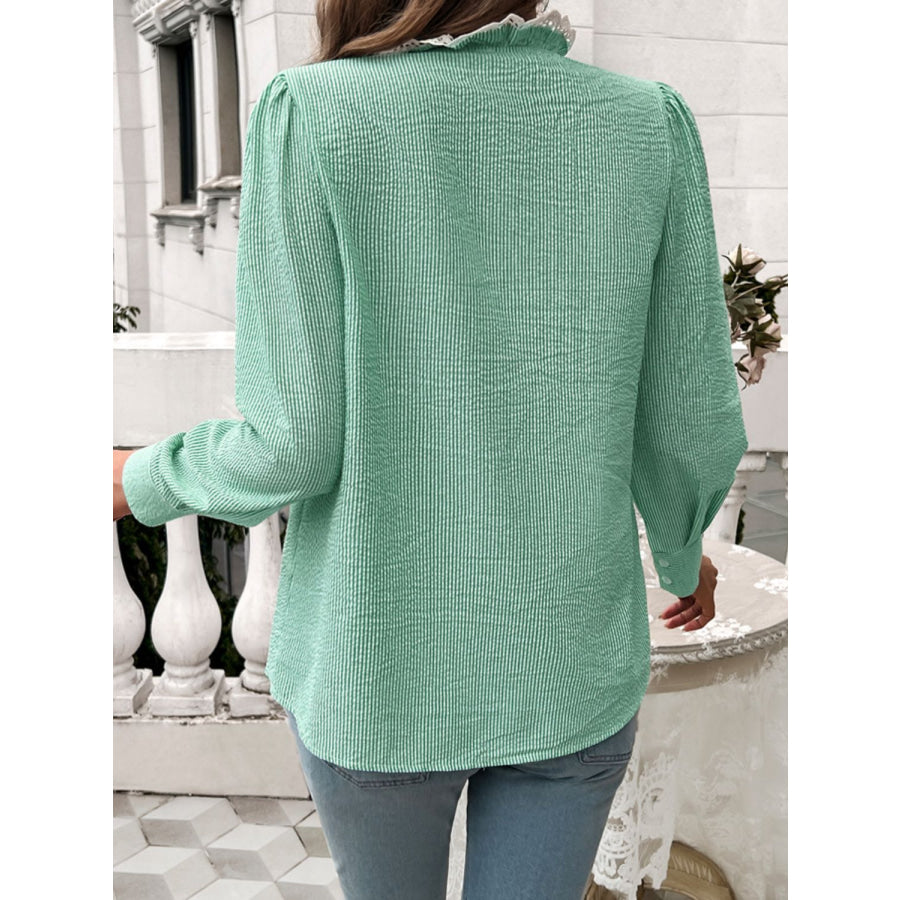 Lace Detail Ruffled Round Neck Long Sleeve Shirt Apparel and Accessories