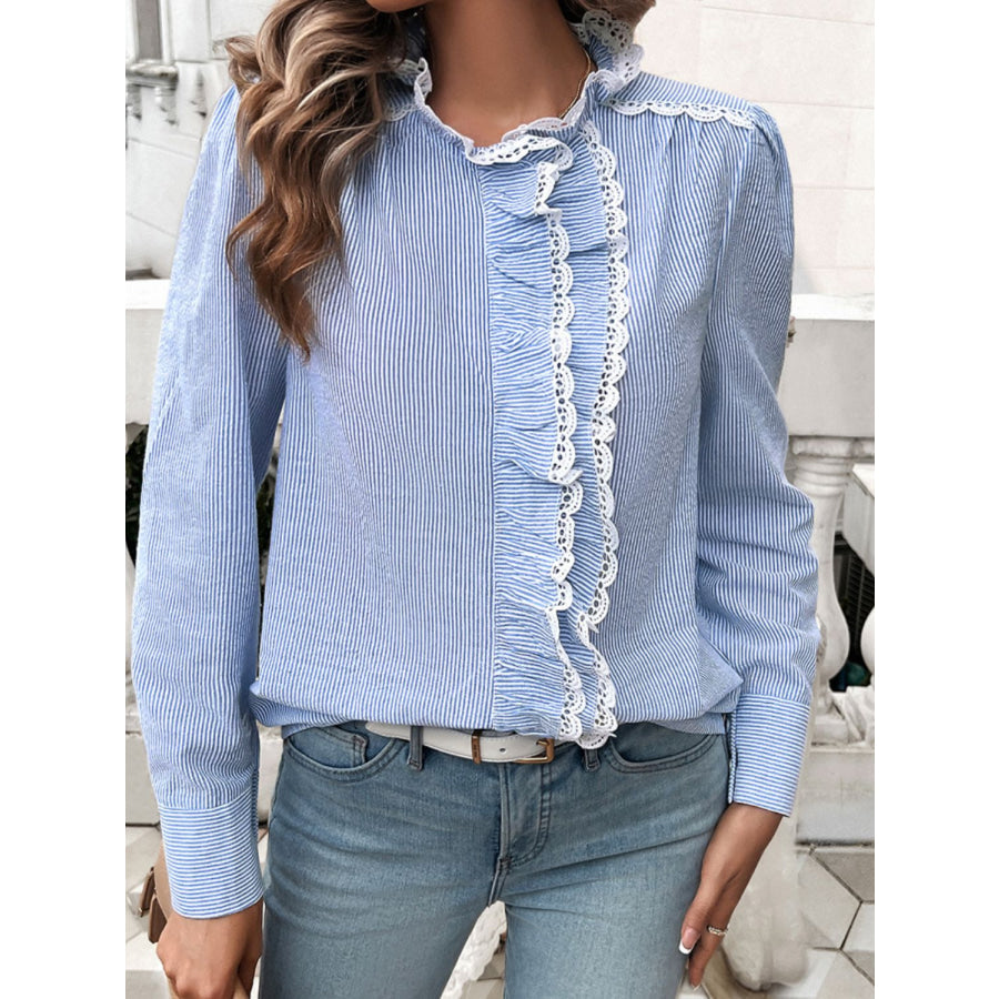 Lace Detail Ruffled Round Neck Long Sleeve Shirt Apparel and Accessories