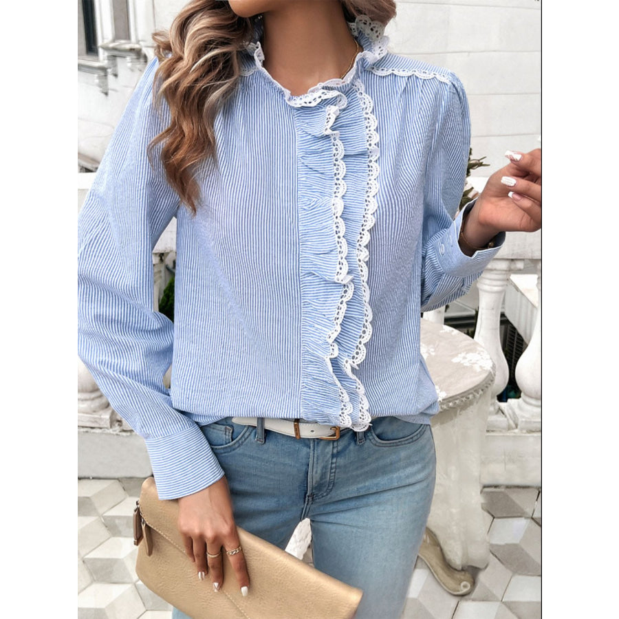 Lace Detail Ruffled Round Neck Long Sleeve Shirt Apparel and Accessories