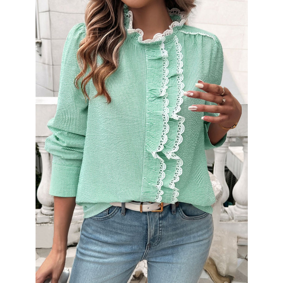 Lace Detail Ruffled Round Neck Long Sleeve Shirt Apparel and Accessories