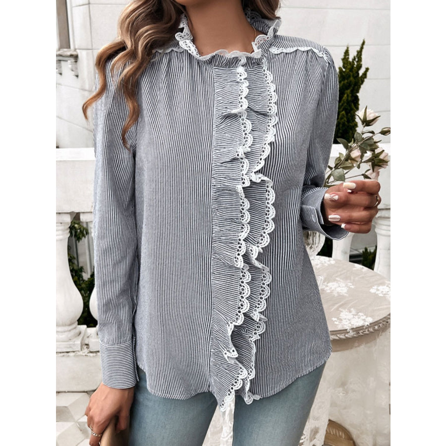 Lace Detail Ruffled Round Neck Long Sleeve Shirt Apparel and Accessories